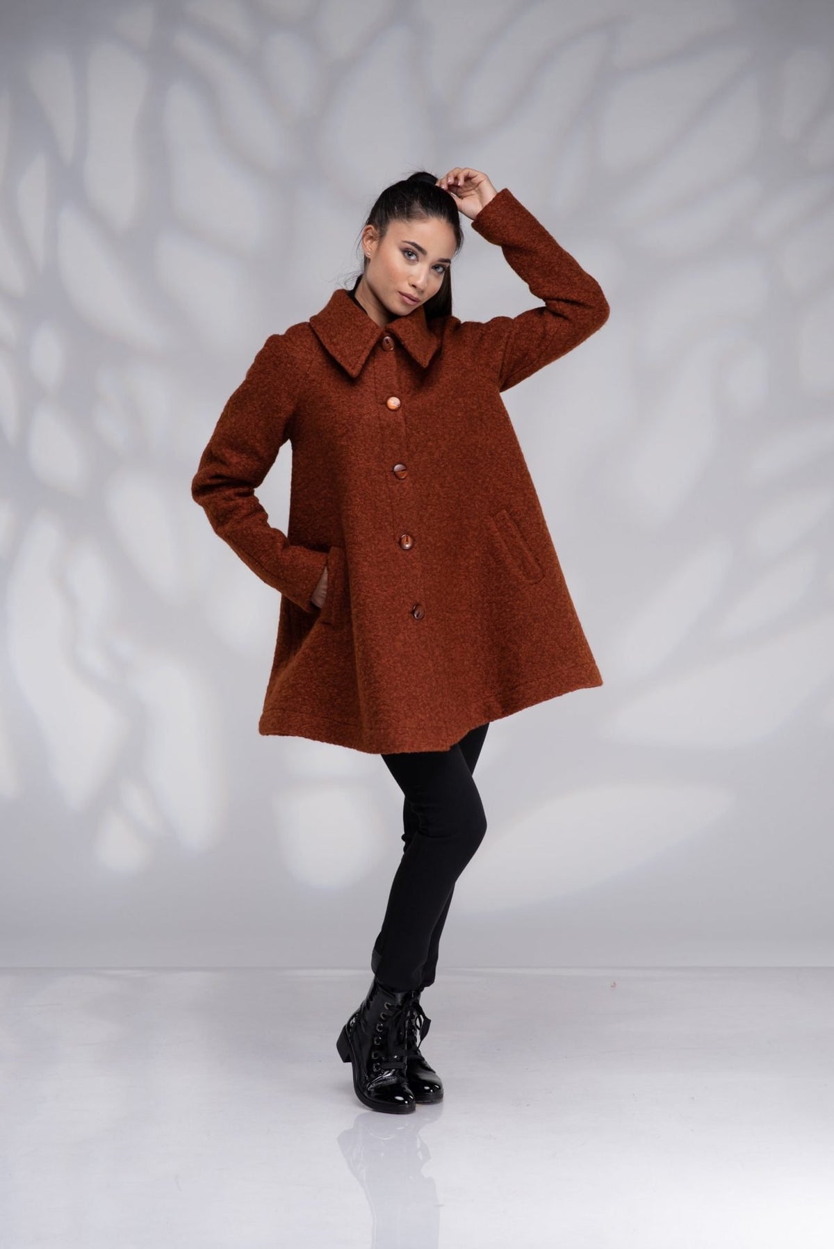 Wool Swing Plus Size Short A-Line Burnt Orange Coat